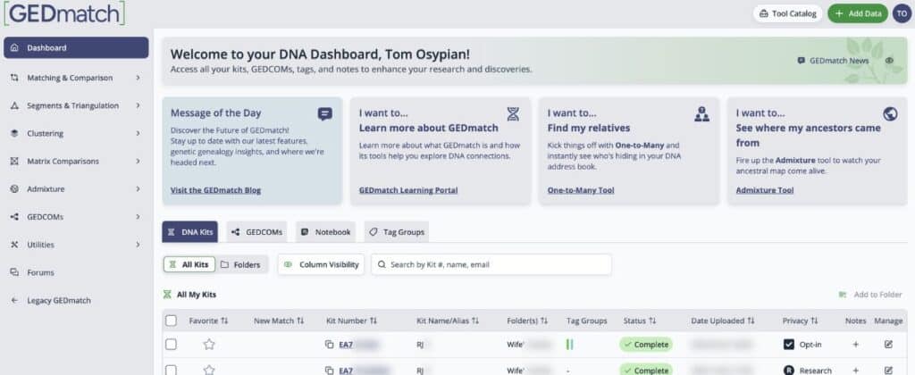 GEDmatch DNA Dashboard screenshot showing left navigation, a welcome banner, four info tiles, and the kit management area