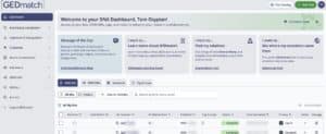 GEDmatch DNA Dashboard screenshot showing left navigation, a welcome banner, four info tiles, and the kit management area